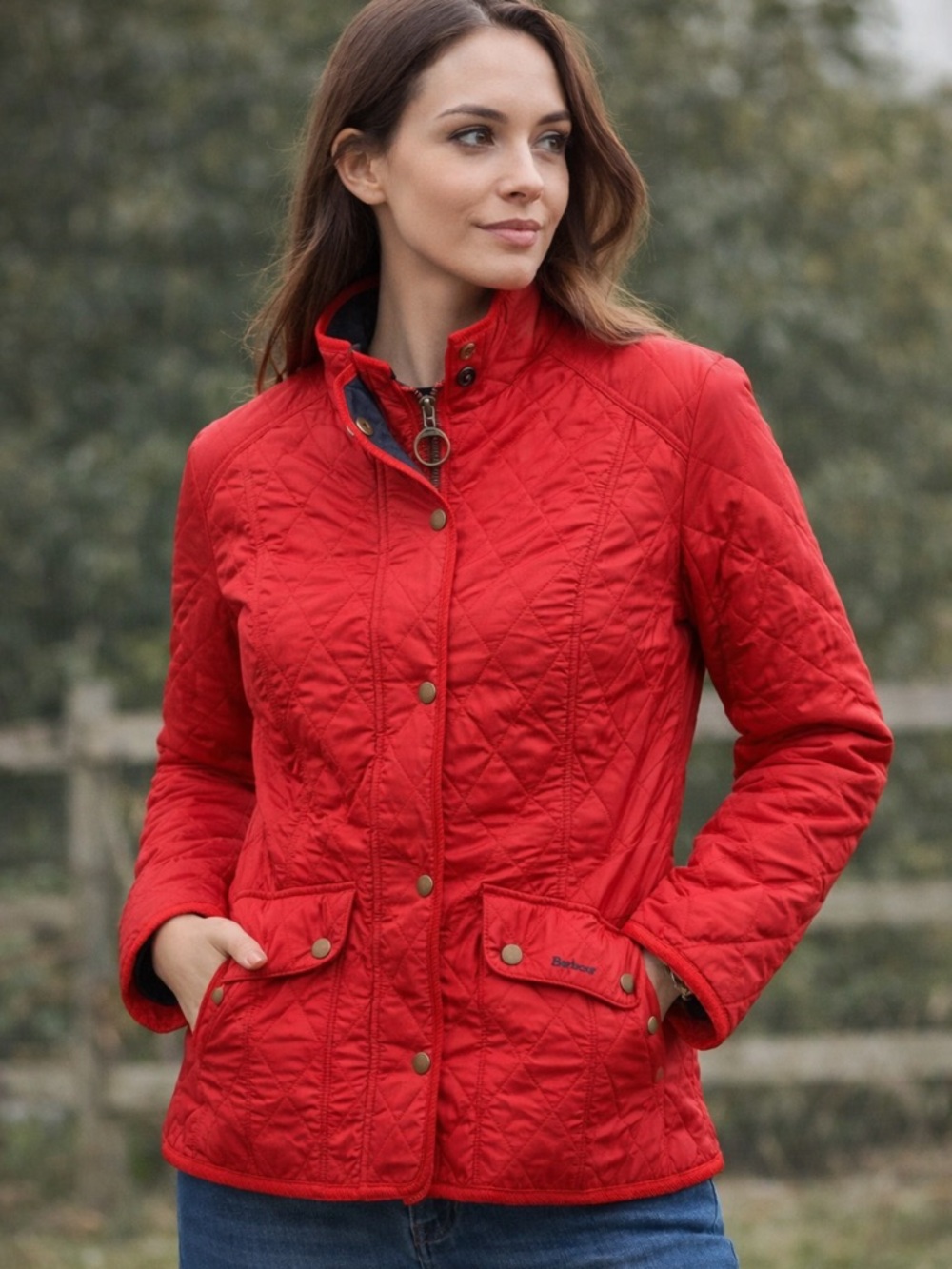 Barbour Red Quilted Womens Jacket size US 10 Fleece Lined Snap Zip Coat